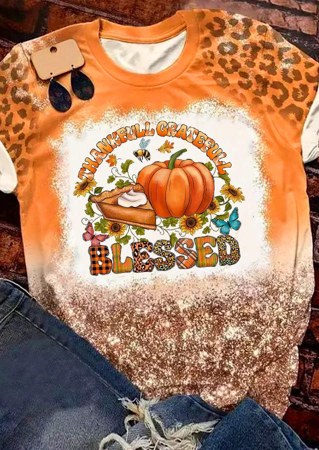 

T-shirts Tees Thankful Grateful Blessed Leopard Plaid Pumpkin T-Shirt Tee in Orange. Size