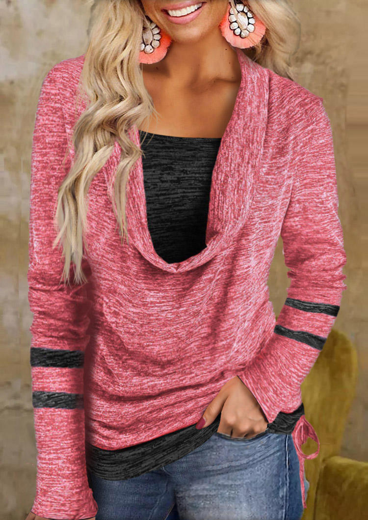 Color Block Fake Two-Piece Drawstring Blouse - Pink