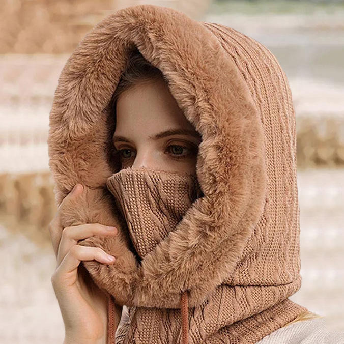 

Hats Winter 3in1 Knitted Fleece Lined Hooded Ski Mask Hat in Khaki. Size