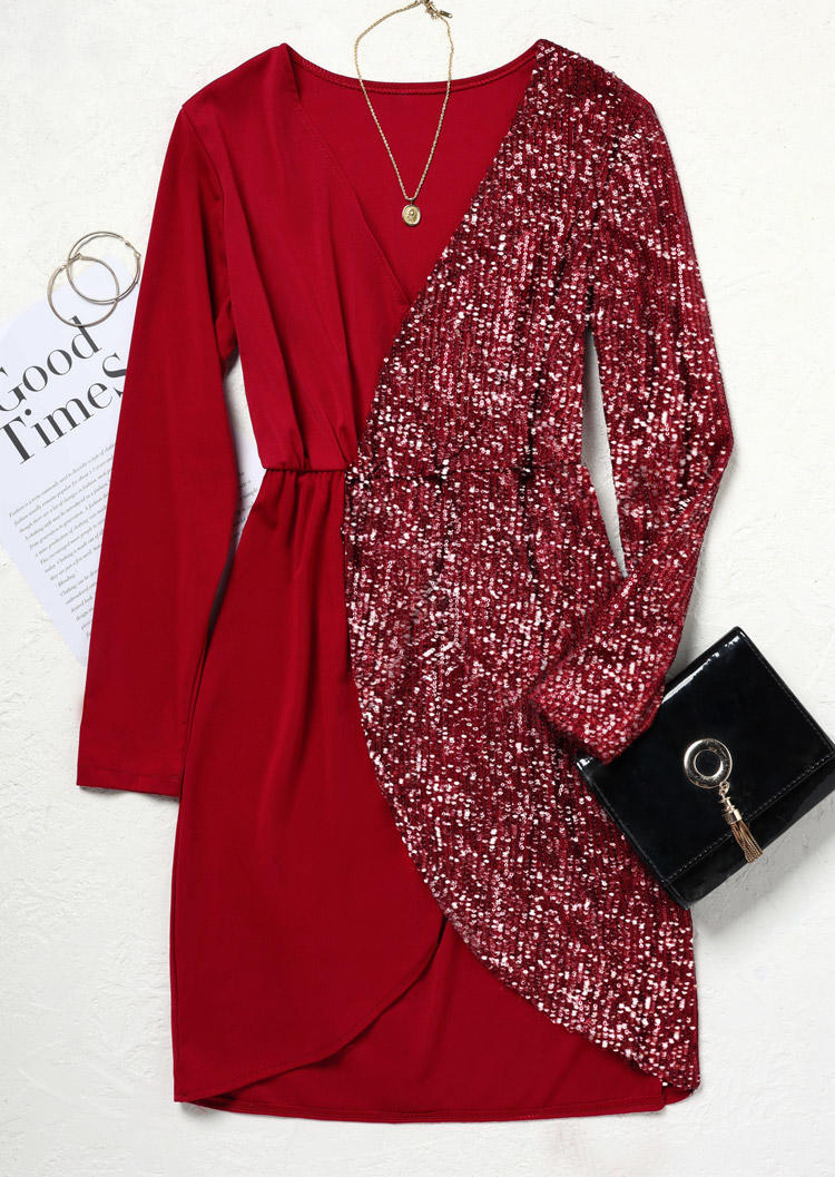 Sequined Splicing Long Sleeve Mini Dress - Red