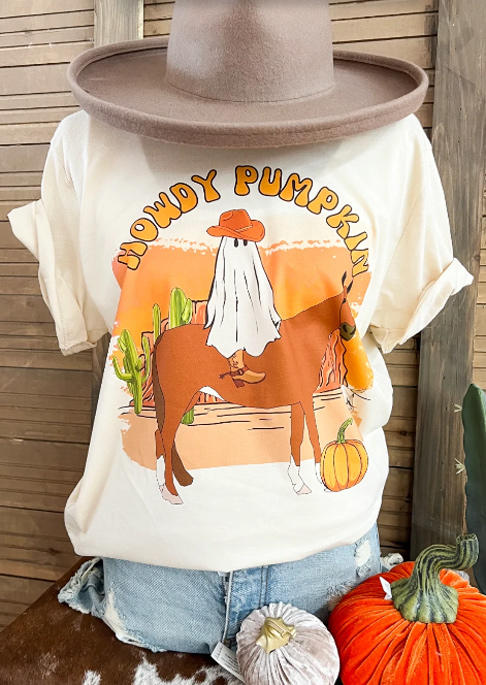 T-shirts Tees Halloween Howdy Pumpkin Horse Pumpkin Cactus T-Shirt Tee in White. Size: L,M,S,XL