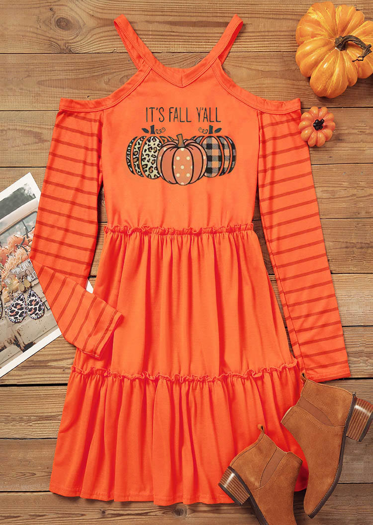 Mini Dresses It's Fall Y'all Leopard Plaid Striped Pumpkin Polka Dot Mini Dress in Orange. Size: L,M,S,XL