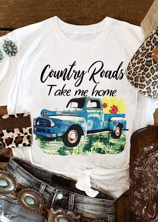 T-shirts Tees Country Roads Take Me Home Sunflower Truck T-Shirt Tee in White. Size: L,M,S,XL