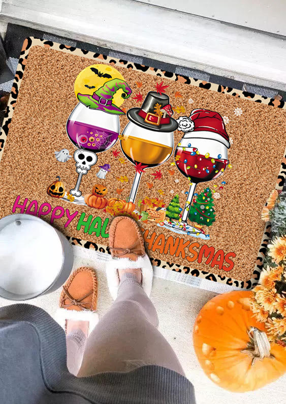 

Happy Hallothanksmas Leopard Pumpkin Face Drink Carpet in Multicolor. Size