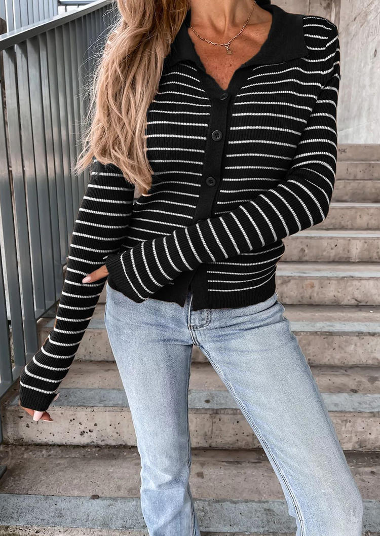 

Cardigans Striped Button Turn-down Collar Long Sleeve Cardigan in Black. Size: L,M,,XL