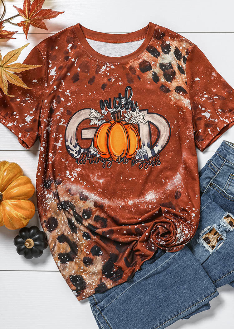 

T-shirts Tees With God All Things Are Possible Leopard Pumpkin Maple Leaf T-Shirt Tee in Orange. Size