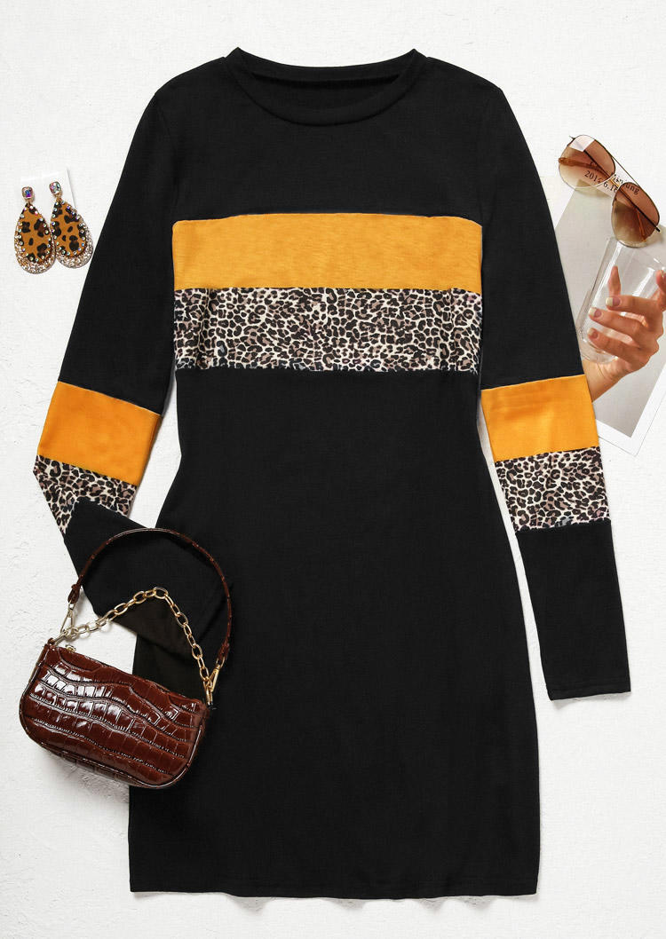 

Sweatshirt Dresses Leopard Color Block Sweatshirt Dress in Black. Size
