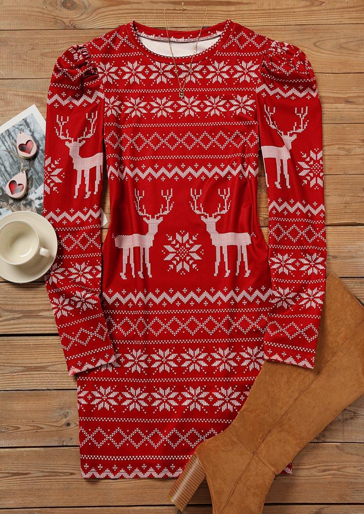 

Bodycon Dresses Christmas Snowflake Reindeer Puff Sleeve Bodycon Dress in Red. Size