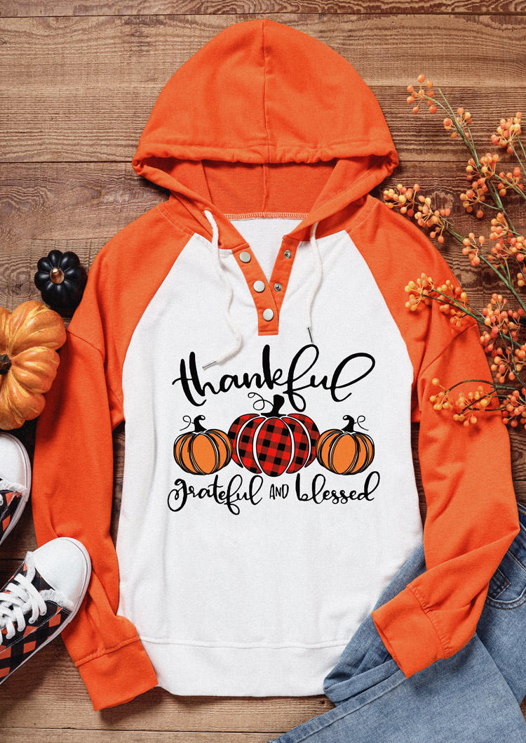 

Hoodies Thankful Grateful And Blessed Snap Button Pumpkin Hoodie in Orange. Size