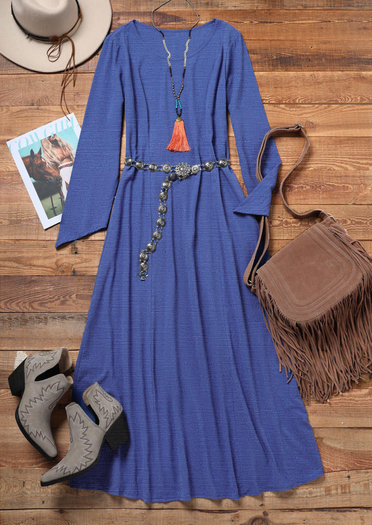 

Maxi Dresses Zipper Long Sleeve O-Neck Maxi Dress without Belt in Blue. Size