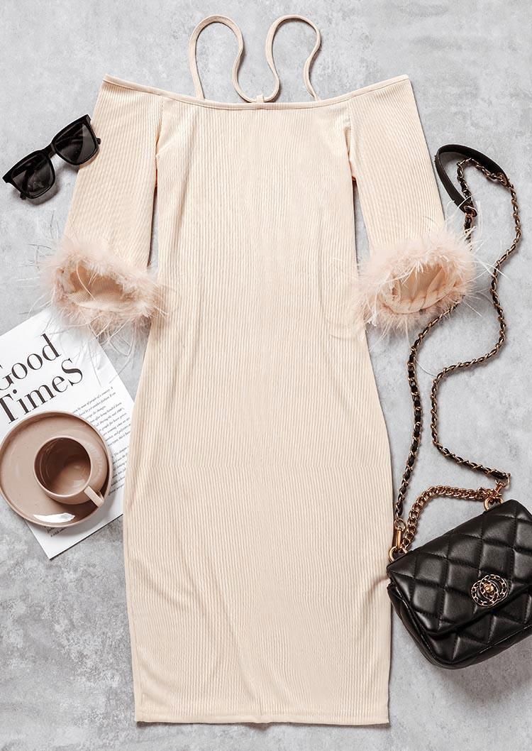 

Bodycon Dresses Faux Fur Splicing Cold Shoulder Knitted Bodycon Dress in Apricot. Size