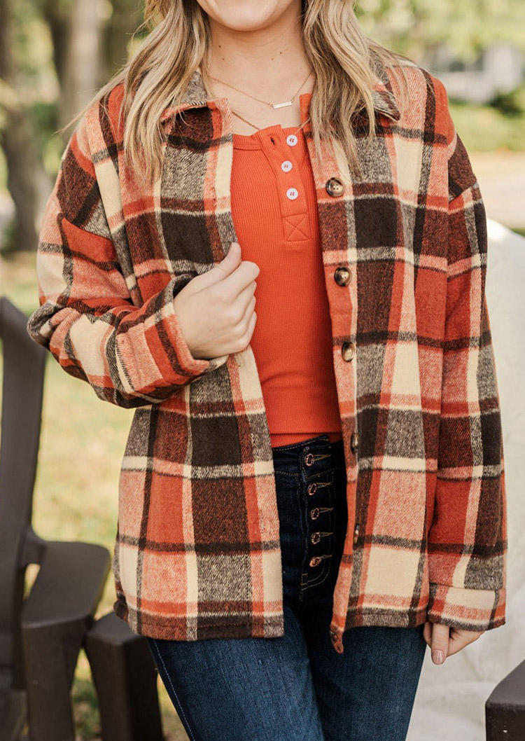 

Coats Plaid Button Turn-down Collar Coat in Orange. Size