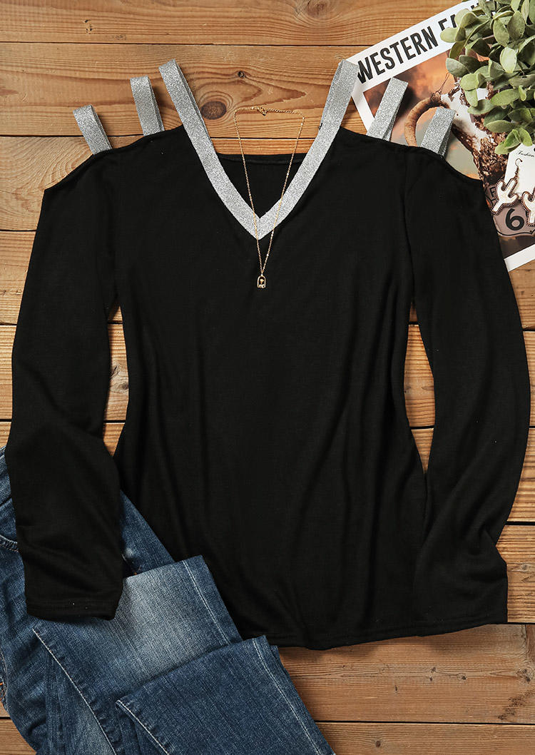 

Blouses Glitter Hollow Out Long Sleeve V-Neck Blouse in Black. Size