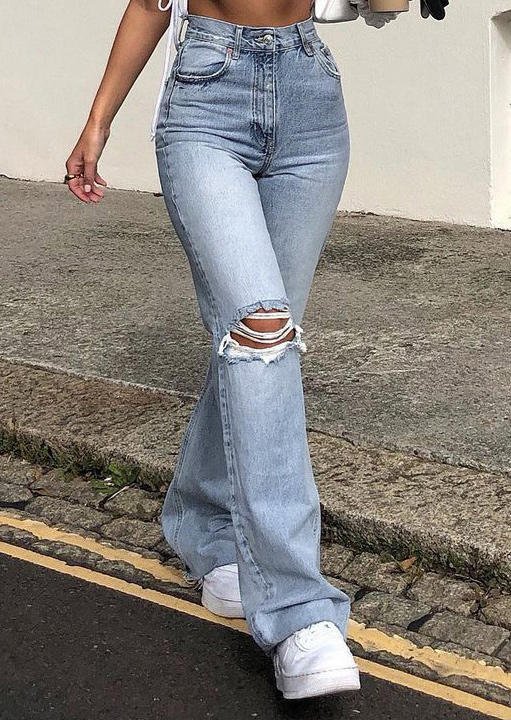 

Pants High Waist Ripped Denim Flare Pants in Blue. Size