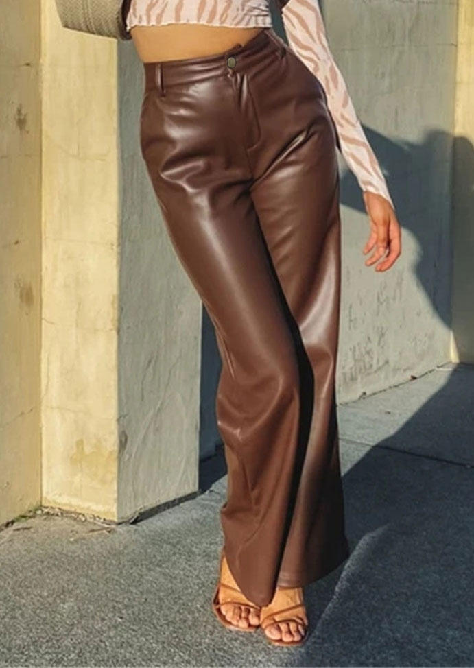 Pants Pocket PU Leather Wide Leg Pants in Brown. Size: L,M,S