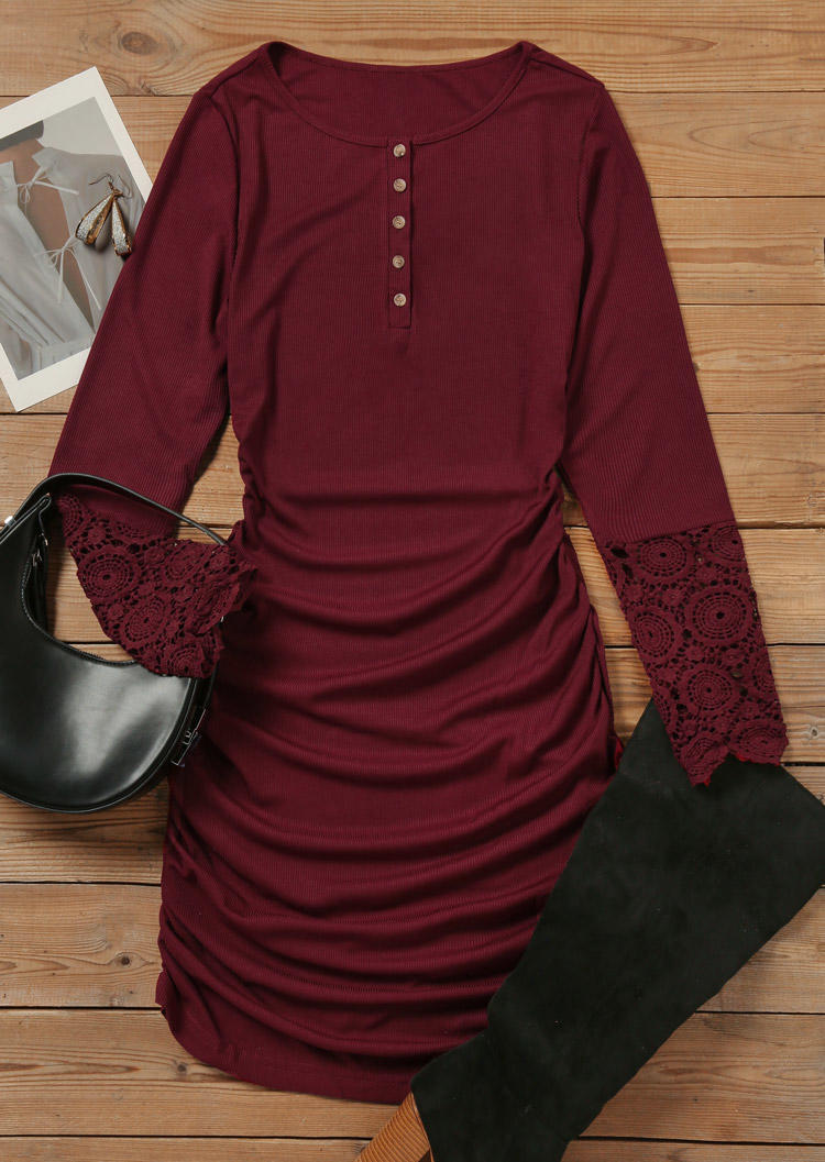 

Bodycon Dresses Lace Splicing Button Ruched Long Sleeve Bodycon Dress - Burgundy in Red. Size