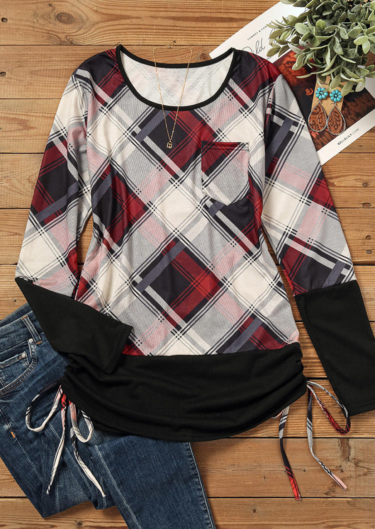 

Blouses Plaid Pocket Drawstring O-Neck Blouse in Multicolor. Size