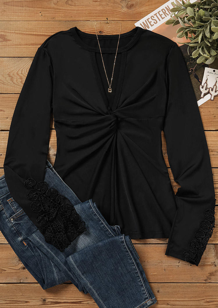 

Blouses Lace Splicing Twist Keyhole Neck Blouse in Black. Size
