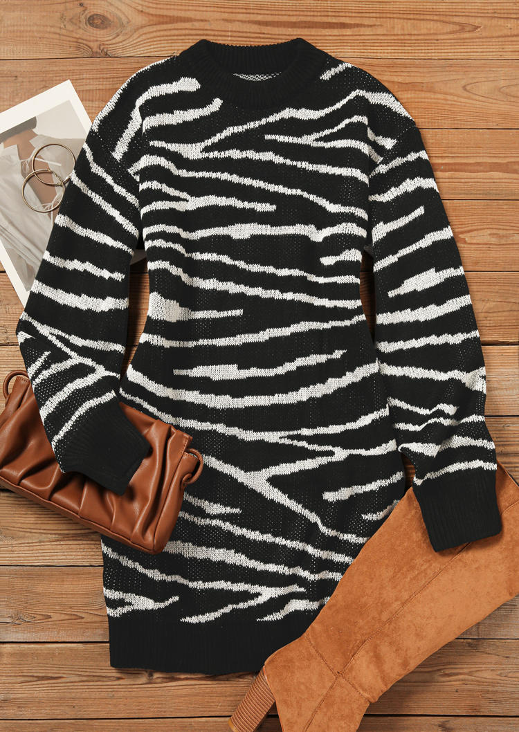 

Mini Dresses Zebra Striped Long Sleeve O-Neck Sweater Dress in Black. Size