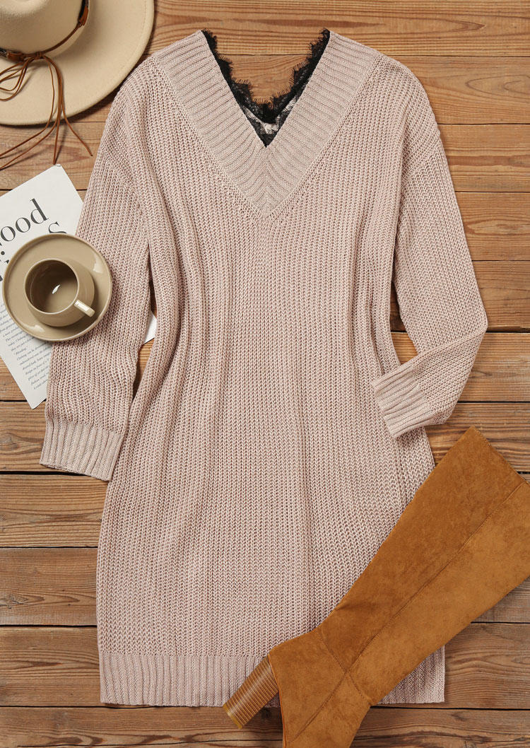 

Sweater Dresses Lace Splicing V-Neck Sweater Dress in Khaki. Size: L