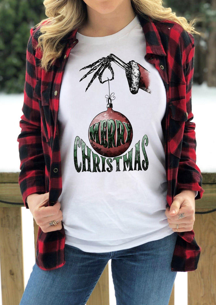 Merry Christmas Skeleton Hand O-Neck T-Shirt Tee - White