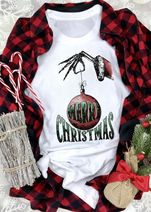 

T-shirts Tees Merry Christmas Skeleton Hand O-Neck T-Shirt Tee in White. Size: ,XL
