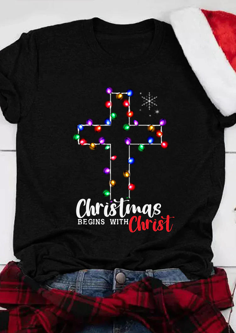 

T-shirts Tees Christmas Begins With Christ Cross Colorful Lights T-Shirt Tee in Black. Size