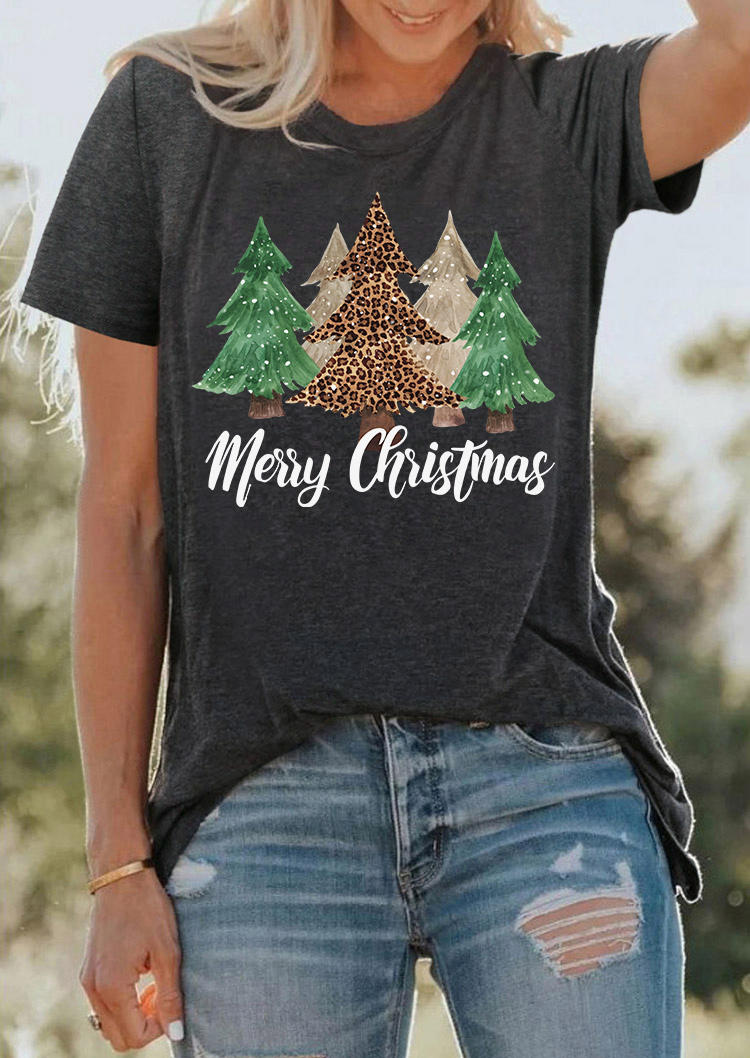 Merry Christmas Leopard Tree T-Shirt Tee - Dark Grey