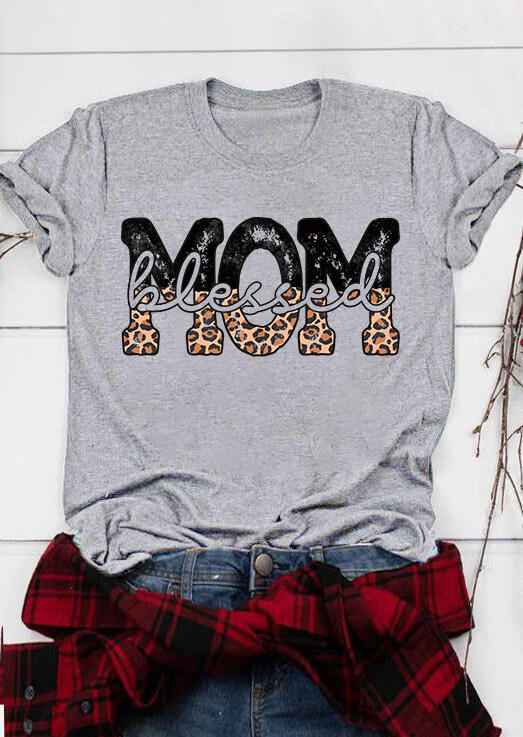 

T-shirts Tees Mom Leopard Blessed O-Neck T-Shirt Tee in Gray. Size