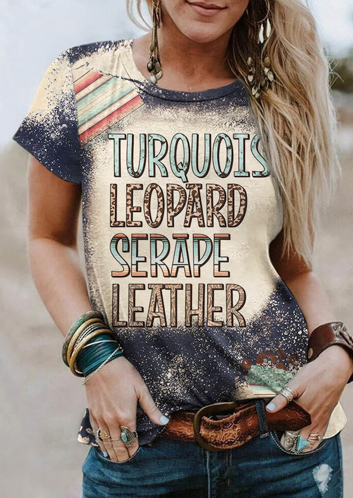 Turquoise Leopard Serape Leather Bleached T-Shirt Tee