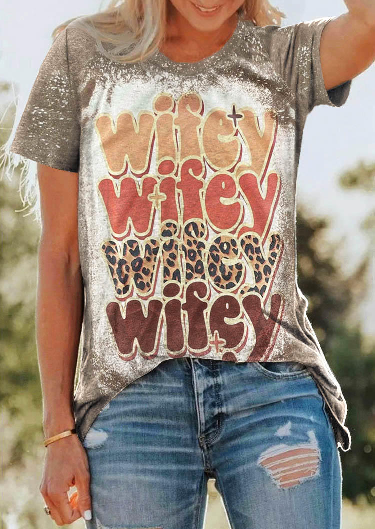 Wifey Leopard Bleached T-Shirt Tee - Khaki