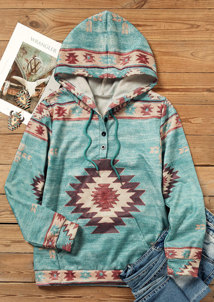 

Hoodies Aztec Geometric Button Drawstring Hoodie in Blue. Size