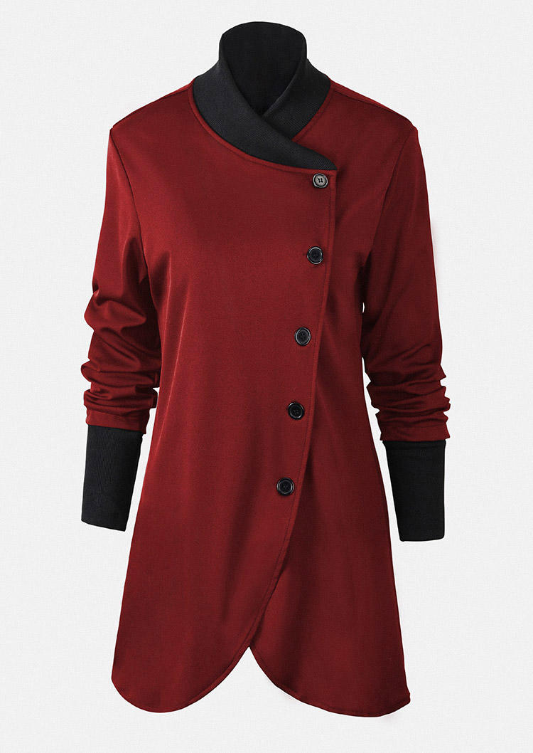 

Coats Color Block Side Button Long Sleeve Coat in Red. Size
