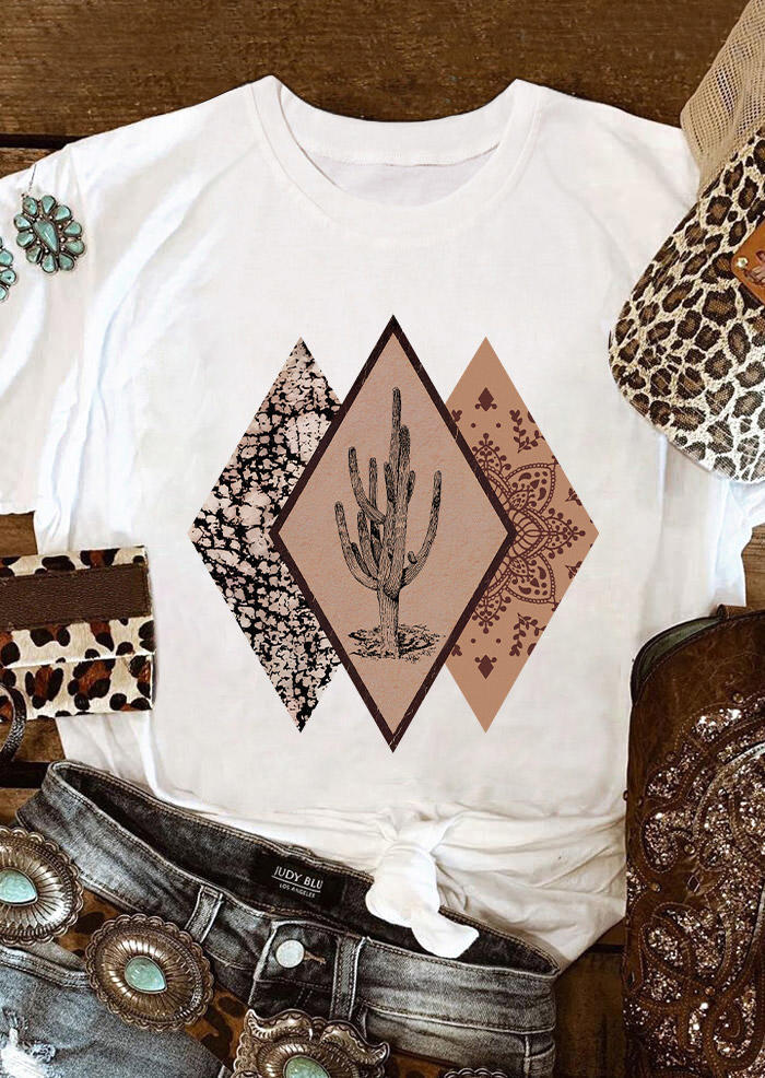 T-shirts Tees Floral Cactus O-Neck T-Shirt Tee in White. Size: L,M,S,XL