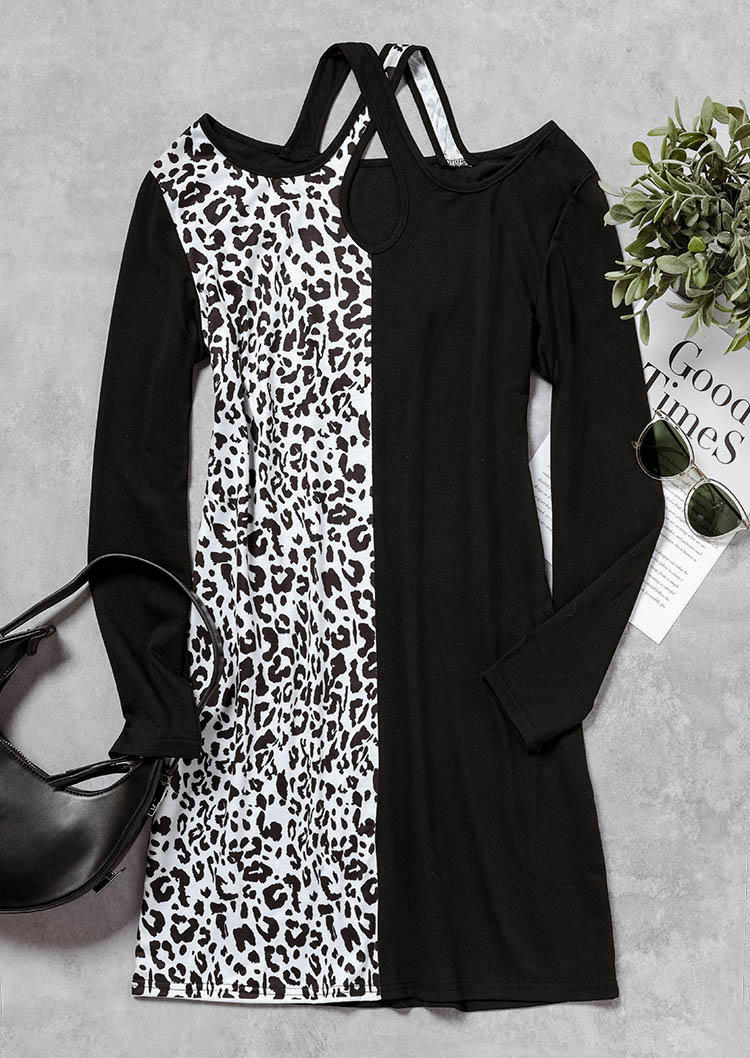 

Mini Dresses Leopard Color Block Criss-Cross Long Sleeve Mini Dress in Multicolor. Size: L,M,,XL