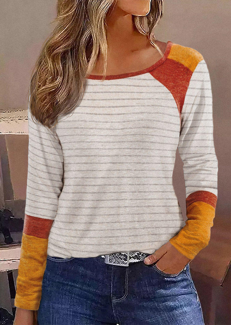 Striped Color Block Long Sleeve Blouse - Apricot