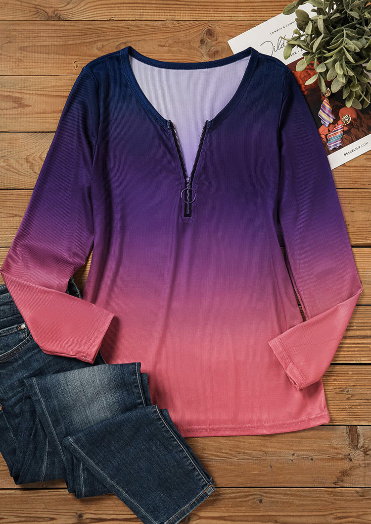 

Blouses Gradient Zipper Collar Long Sleeve Blouse in Multicolor. Size