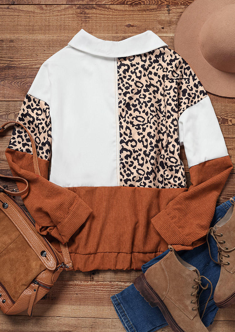Leopard Color Block Button Turn-Down Collar Coat