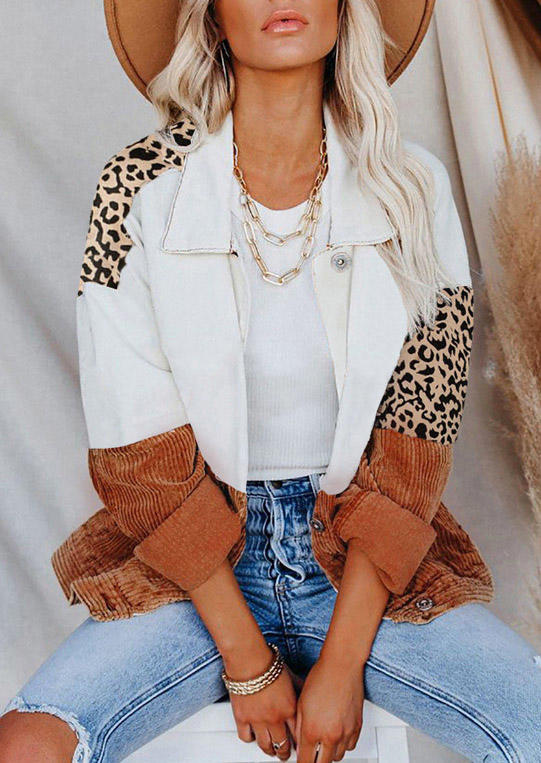 

Coats Leopard Color Block Button Turn-Down Collar Coat in Multicolor. Size