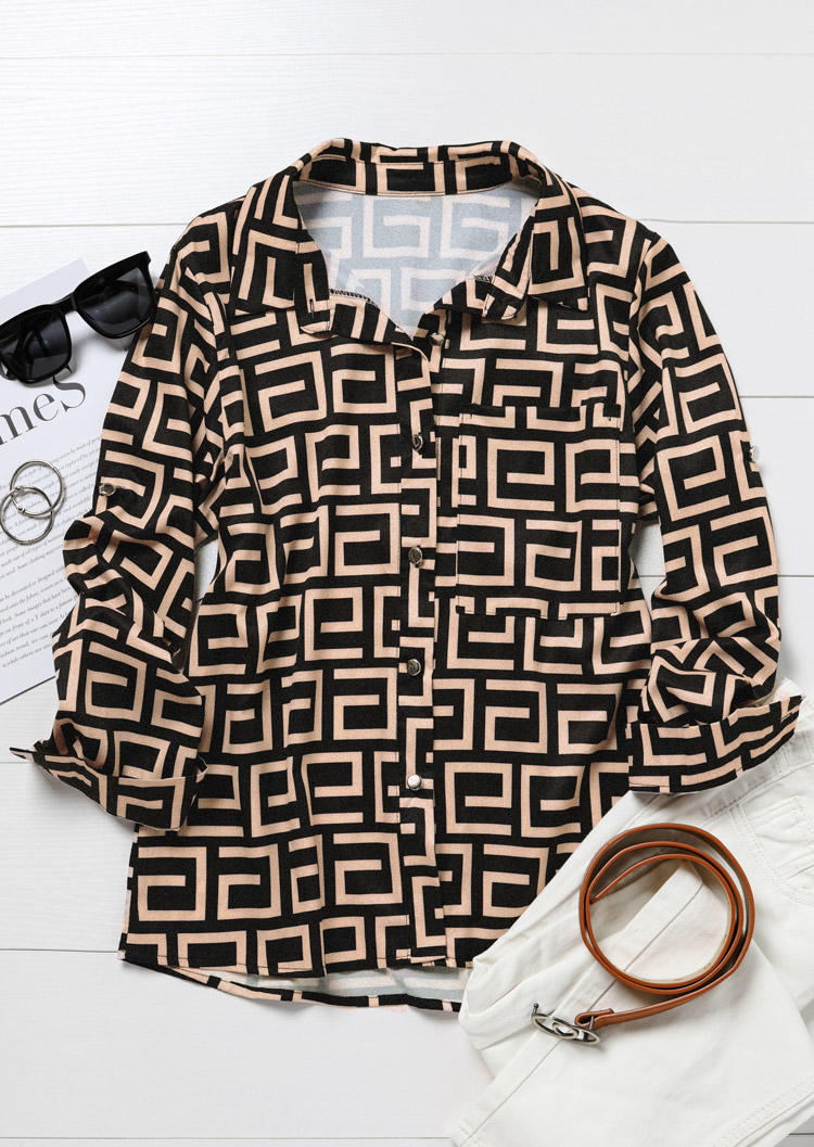 Geometric Button Long Sleeve Shirt - Khaki