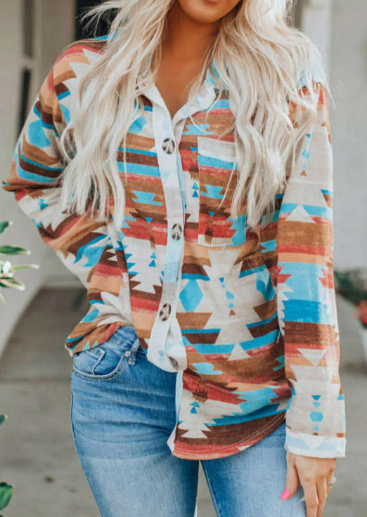 

Shirts Aztec Geometric Pocket Button Long Sleeve Shirt in Multicolor. Size