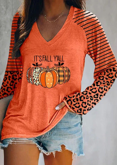 T-shirts Tees It's Fall Y'all Plaid Leopard Striped Polka Dot Pumpkin T-Shirt Tee in Orange. Size: L,M,S