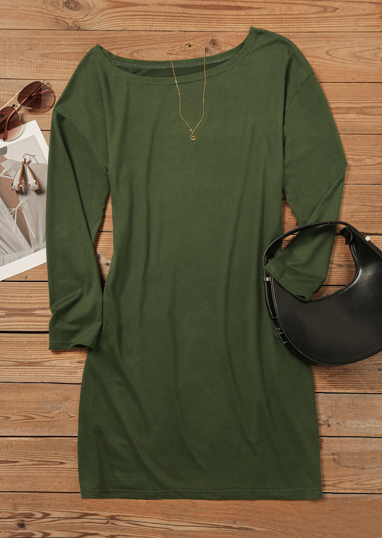 Mini Dresses Pocket O-Neck Long Sleeve Mini Dress - Army Green in Green. Size: L