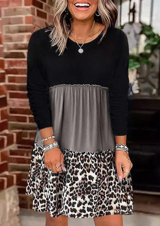 Leopard Color Block Ruffled Mini Dress