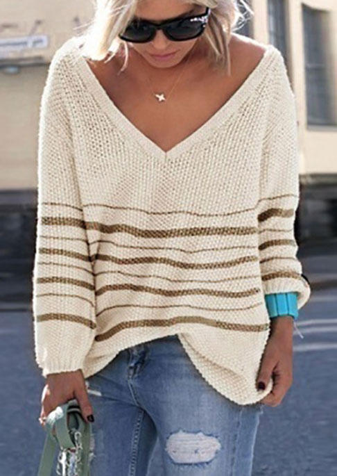 Sweaters Striped Long Sleeve V-Neck Sweater - Beige in Apricot. Size: S