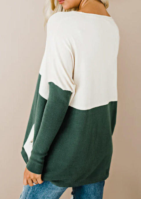 Color Block Pocket Long Sleeve Blouse - Green