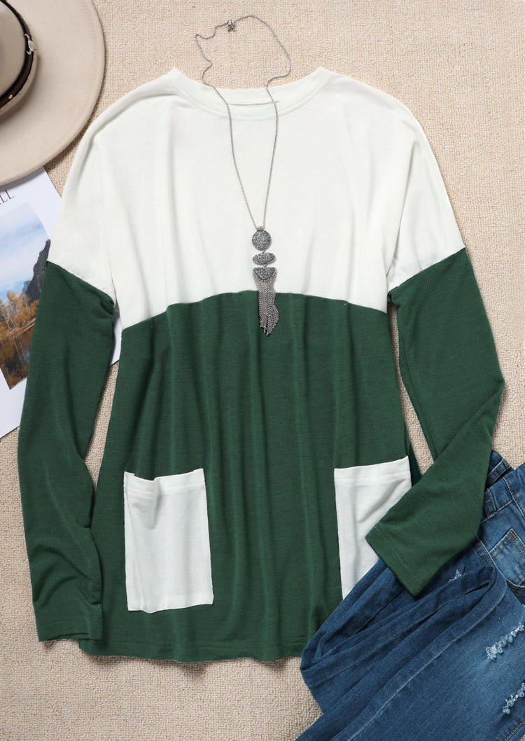 

Blouses Color Block Pocket Long Sleeve Blouse in Green. Size