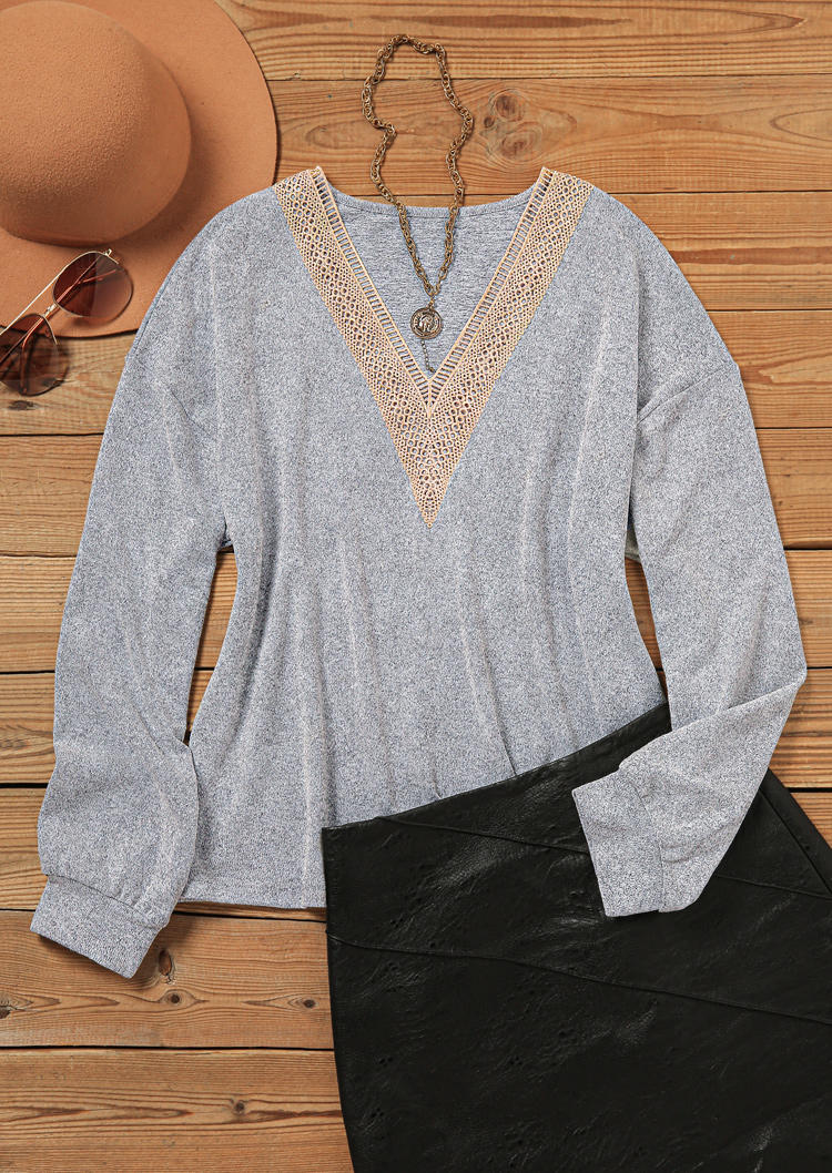 Lace Splicing Drop Shoulder Blouse - Gray