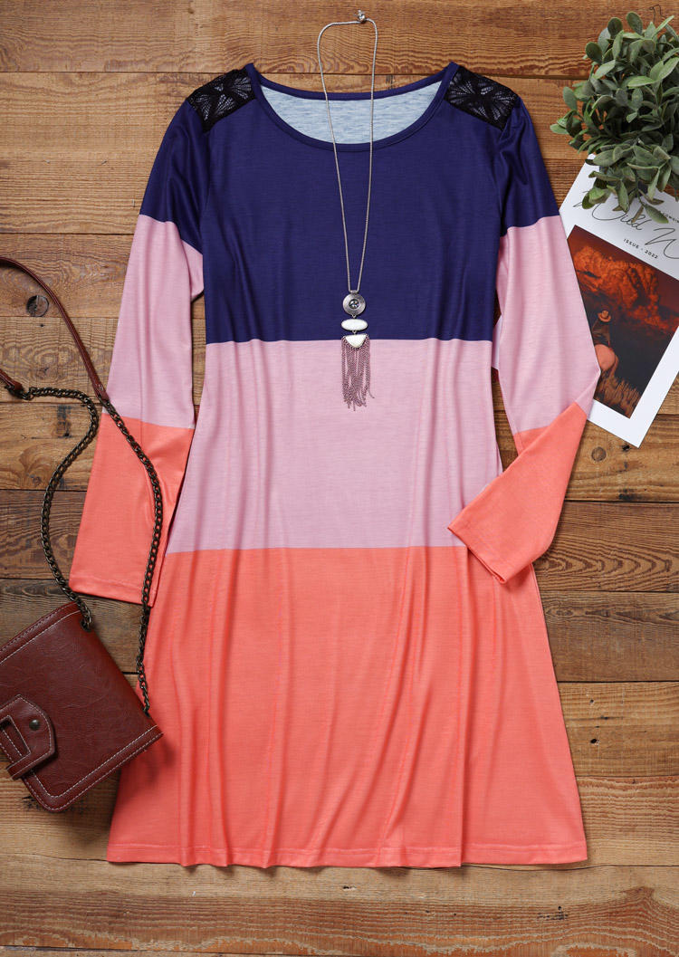 Mini Dresses Color Block Lace Splicing Long Sleeve Mini Dress in Multicolor. Size: L,M