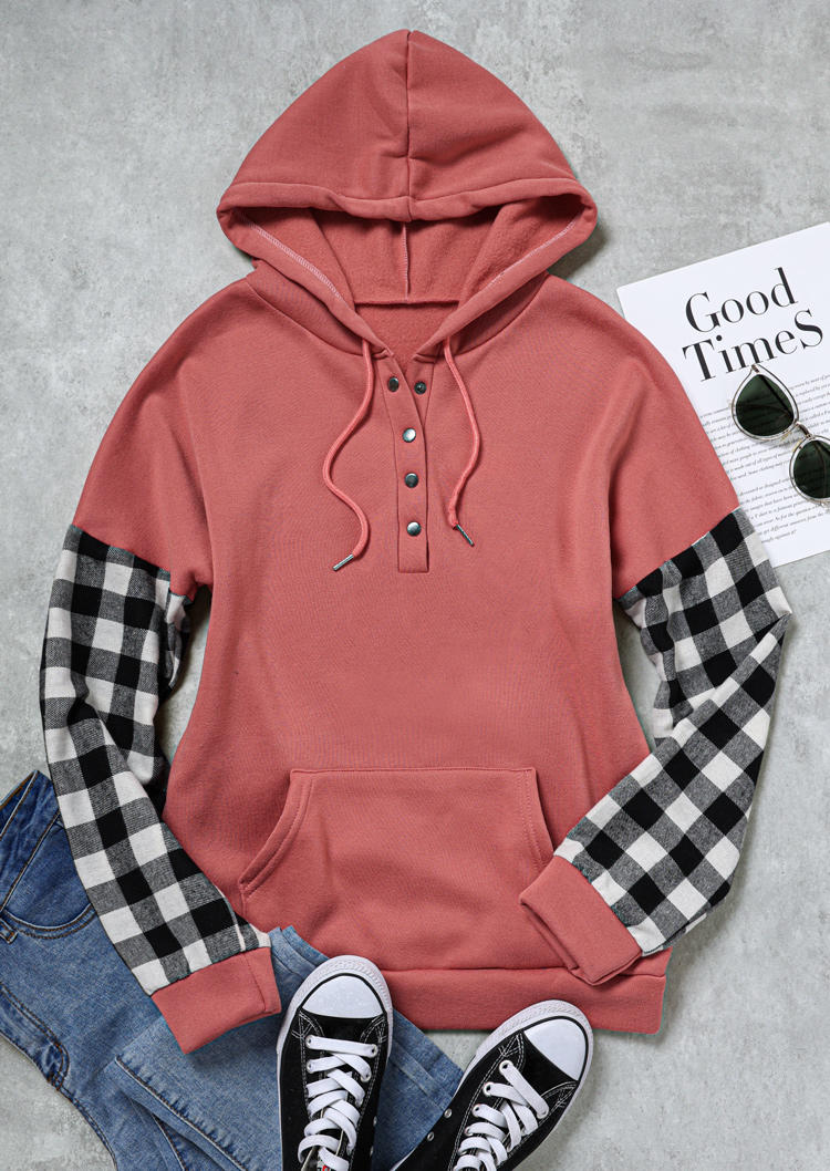 

Hoodies Plaid Button Kangaroo Pocket Hoodie - Brick Red in Red. Size